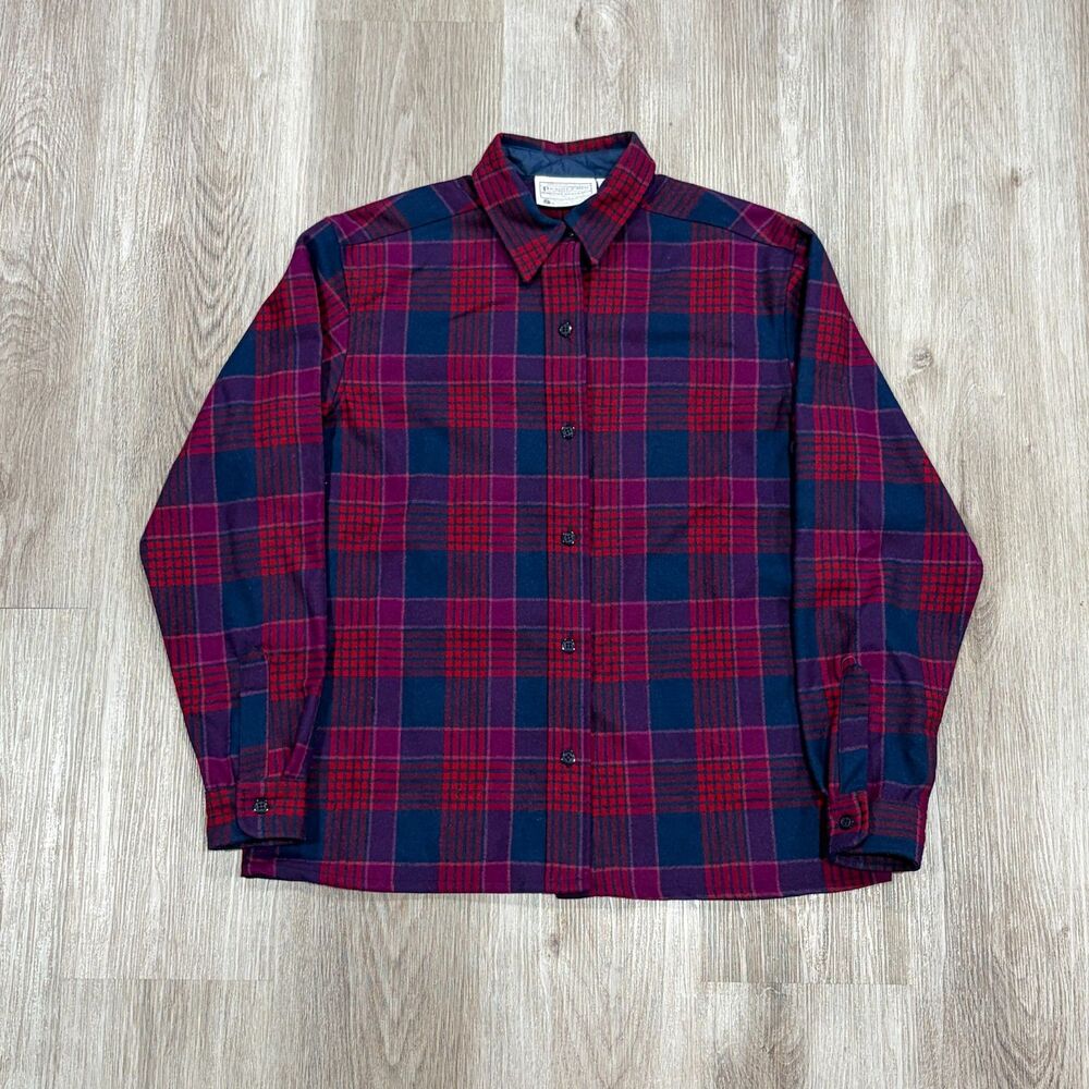 70s Pendleton Plaid Flannel Button Up Shirt Women's Size 10 Red Blue Large